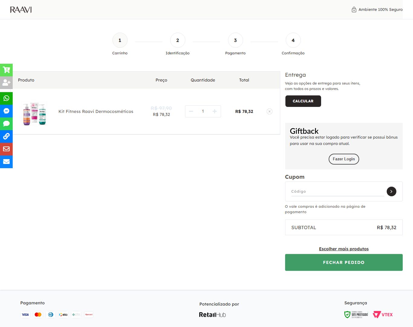 Carrinho em desktop 1366 px, página inteira; o botão Fechar pedido aparece abaixo da linha que marca o fim da primeira tela de 768 px.