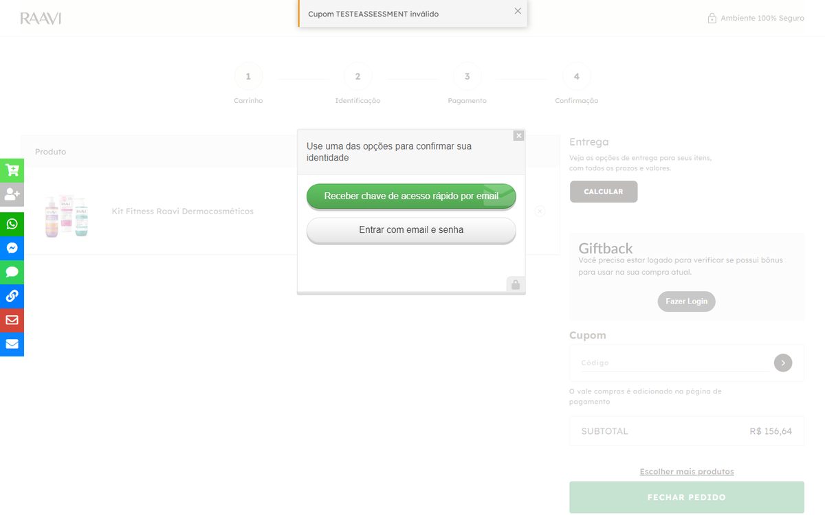 Modal Use uma das opções para confirmar sua identidade, com botões verdes, aberto sobre o carrinho.
