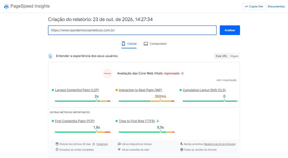 Relatório PageSpeed Insights da home no celular com avaliação das Core Web Vitals reprovada: LCP 2 s, INP 262 ms, CLS 0.